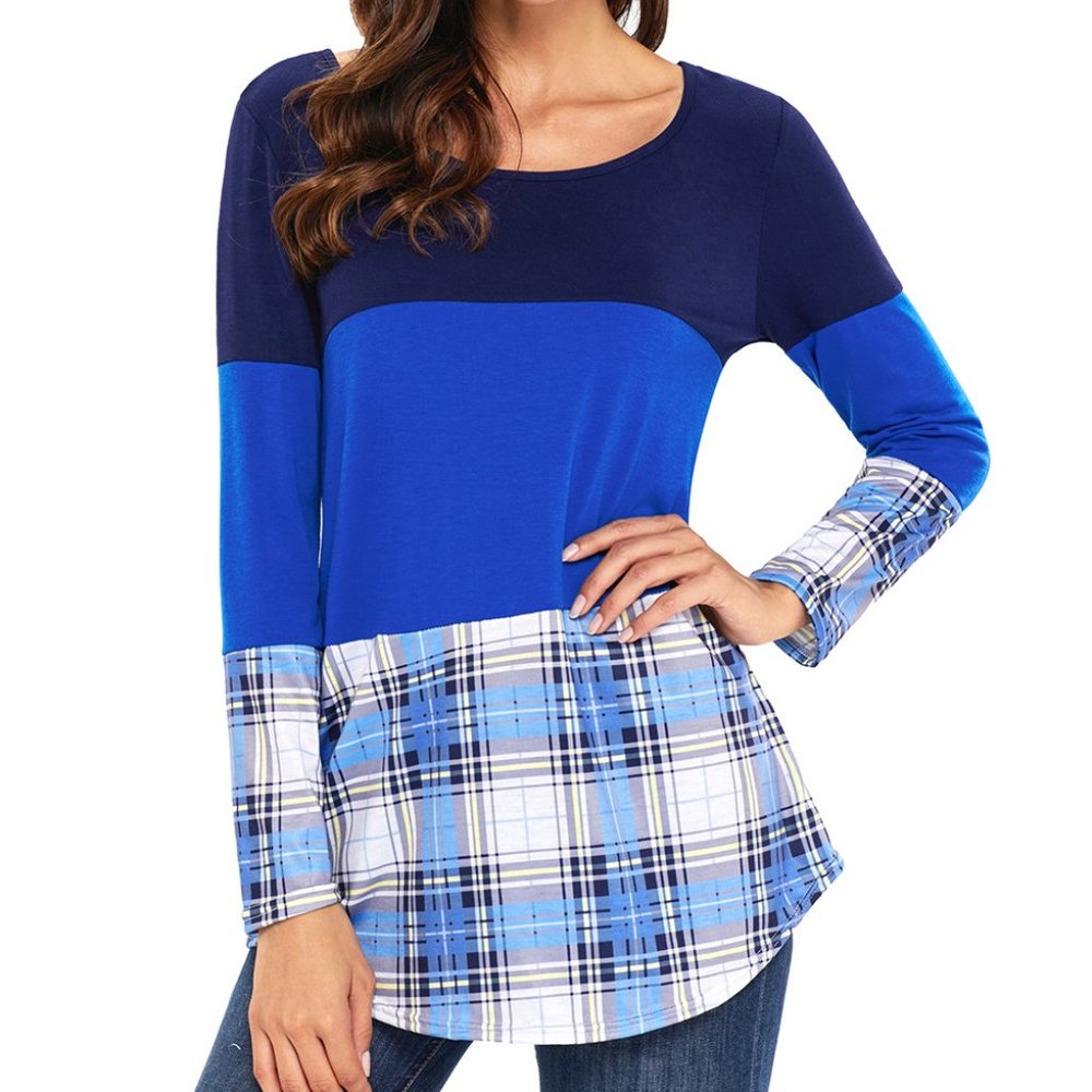 Blue Colorblock Plaid Long Sleeve Shirt - Picture 1 of 5
